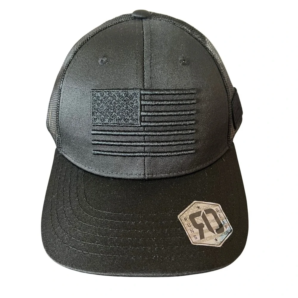 Runs Deep Tactical Mens Black American Flag Trucker Hat Adjustable Snapback Cap